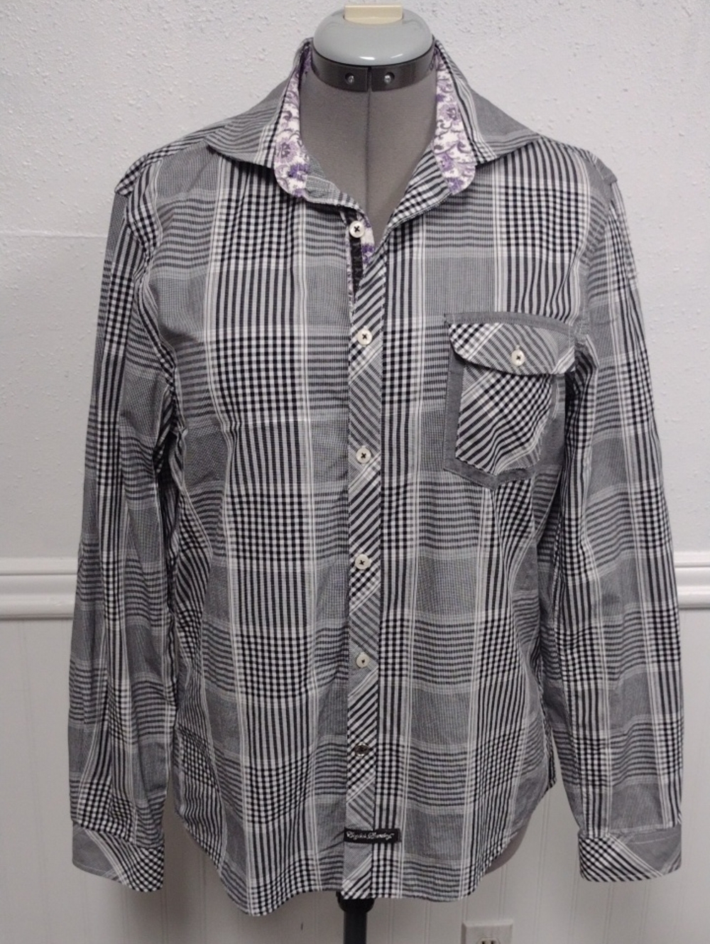 English Laundry Men's Black & White Plaid Button-Down Shirt with Floral Collar